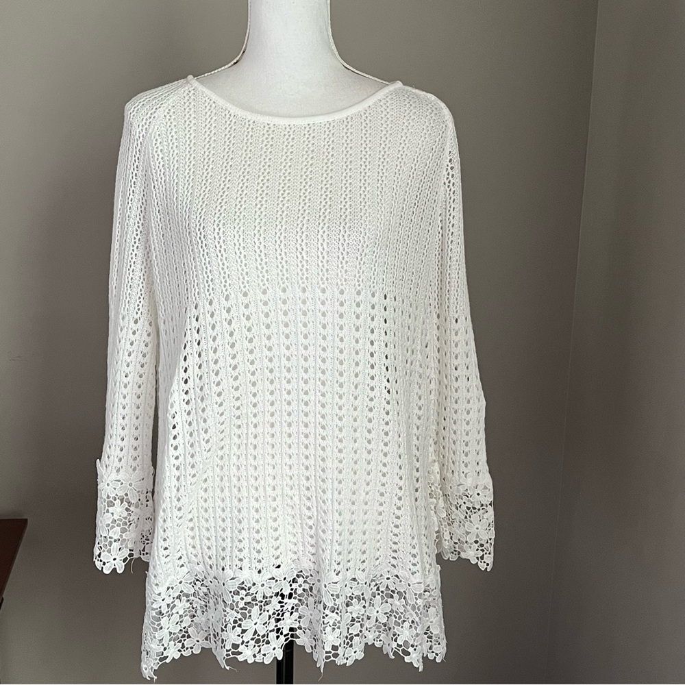 Kim Rogers White Sweater Floral Lace Crochet Beach Boho Festival Size XL